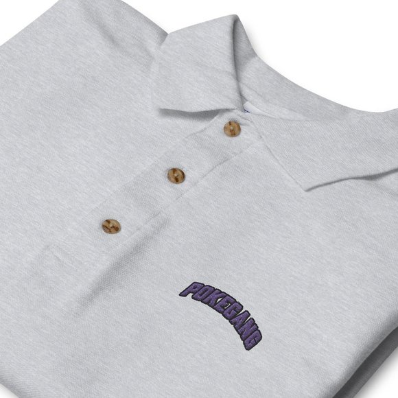 PokeGang Men's Gray Short Sleeve Button Up Purple Logo Sport Polo Shirt Size S - Picture 2 of 2